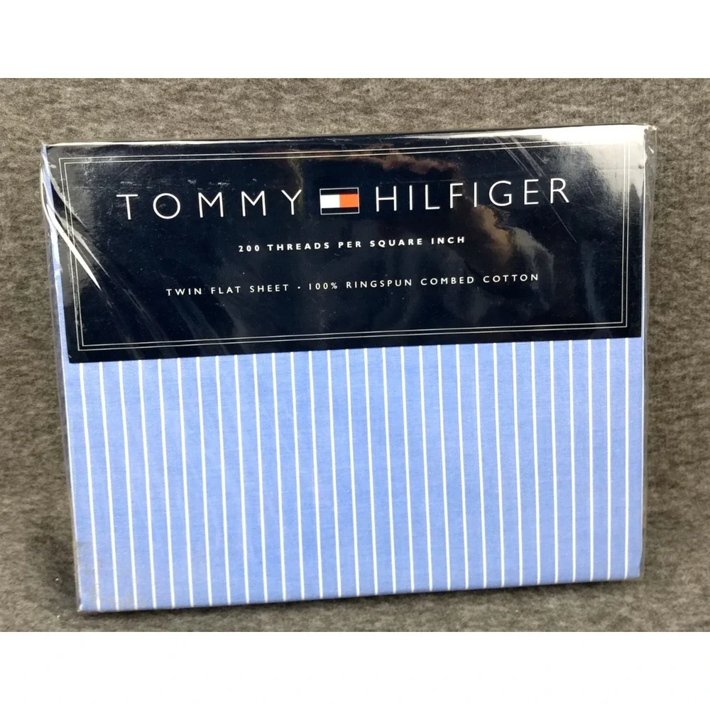 Tommy Hilfiger Twin Flat Sheet 100% Cotton Lincoln Ave Blue White Stripe NOS NEW
